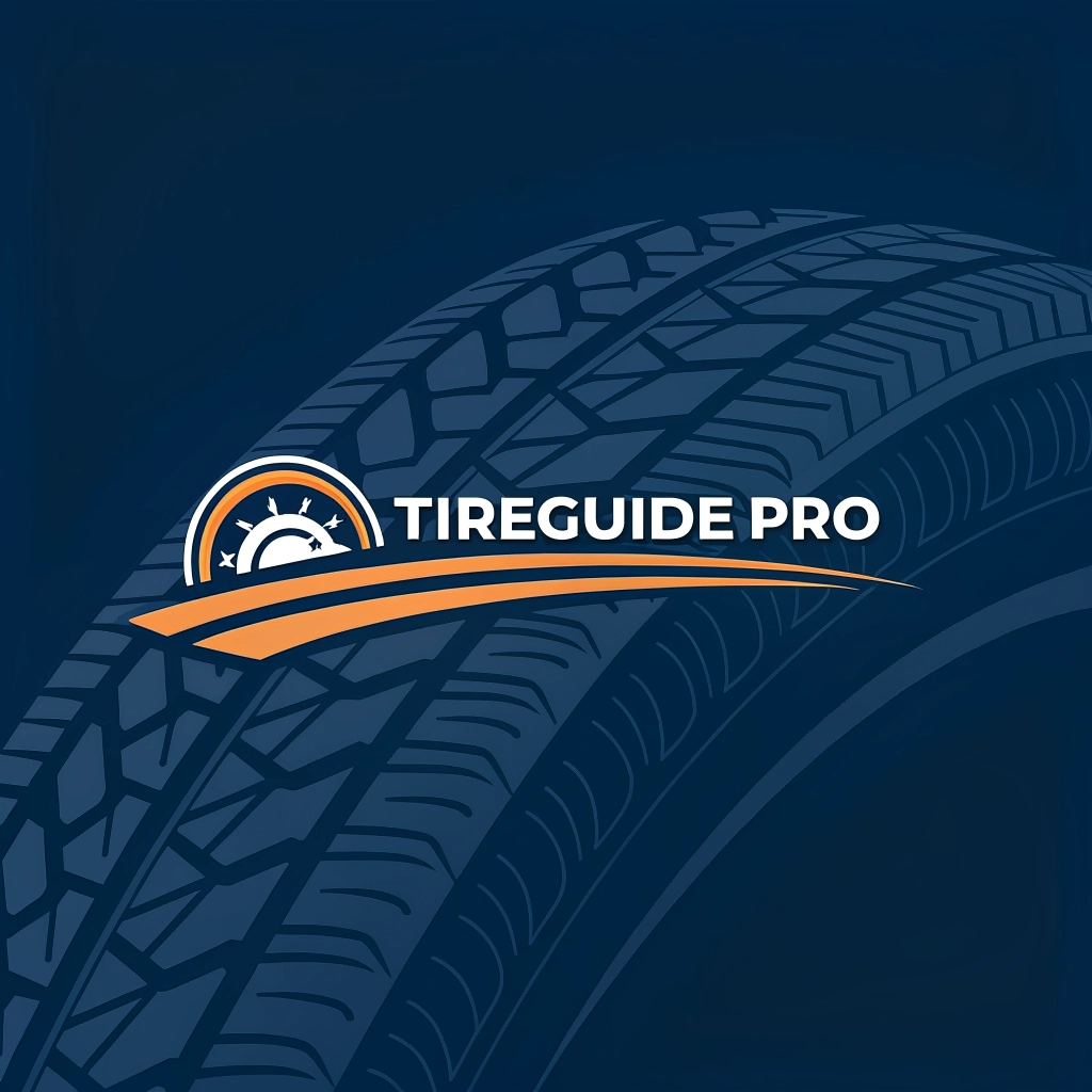 Professional automotive brand logo for 'TireGuide Pro', an informational publication. Minimalist, deep navy blue and safety orange, featuring a subtle tire tread or wheel silhouette. Modern, authoritative, and clean.